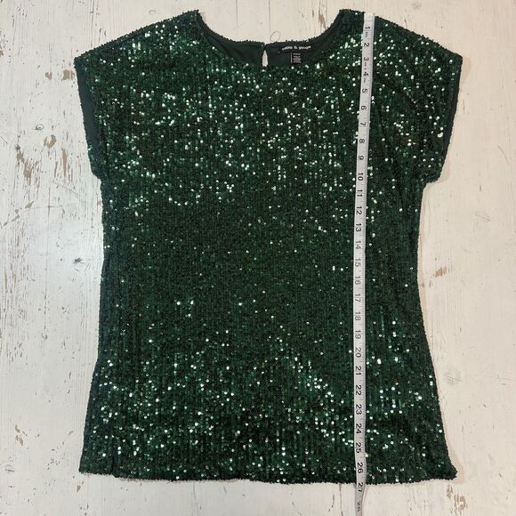 Cable & Gauge Blouse Holiday Top M Sequins Sparkle Forest Winter Green Festive - Picture 7 of 9